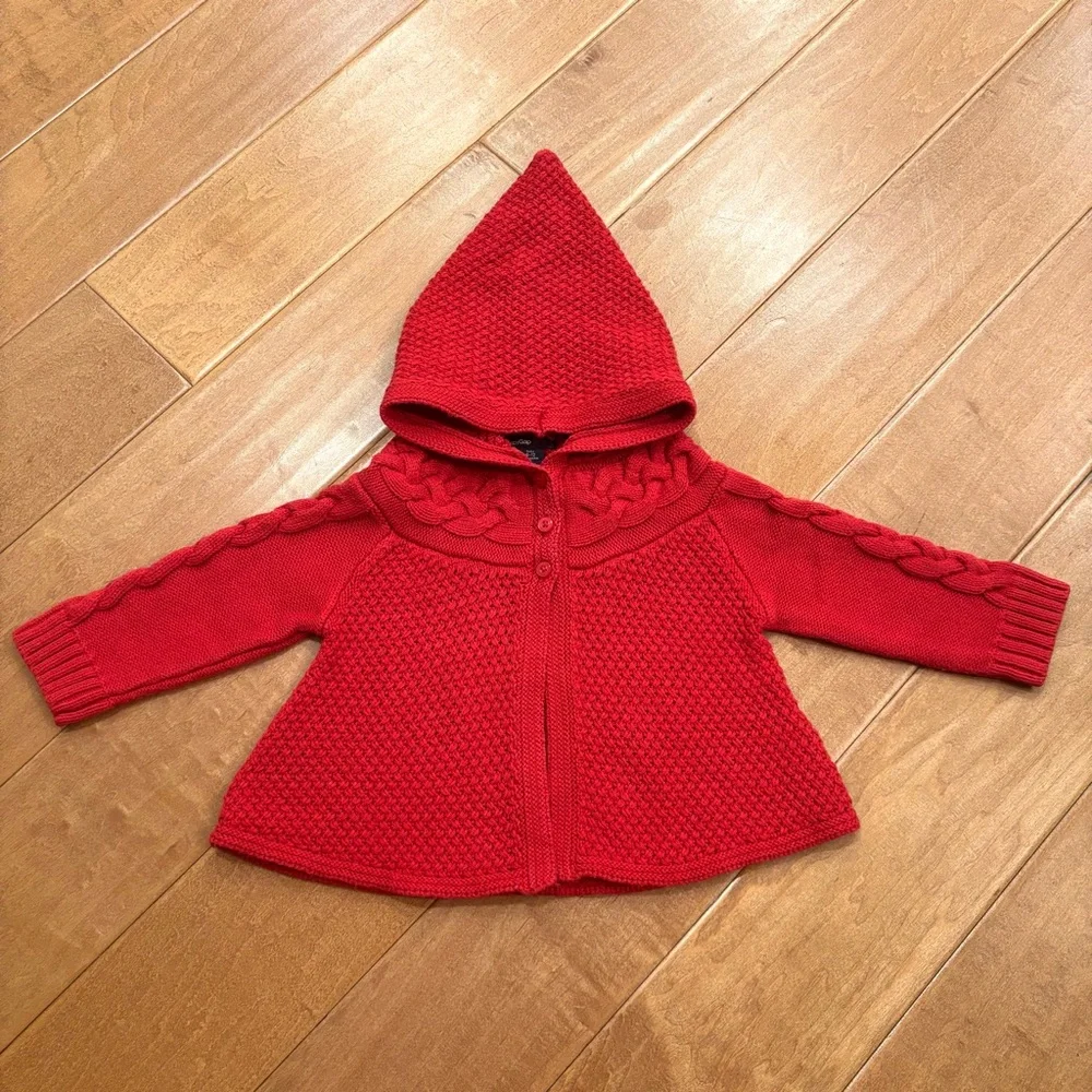 Baby Gap Girls Red Knit Cardigan Sweater w/ Hood Button-up Cotton 6-12 months
